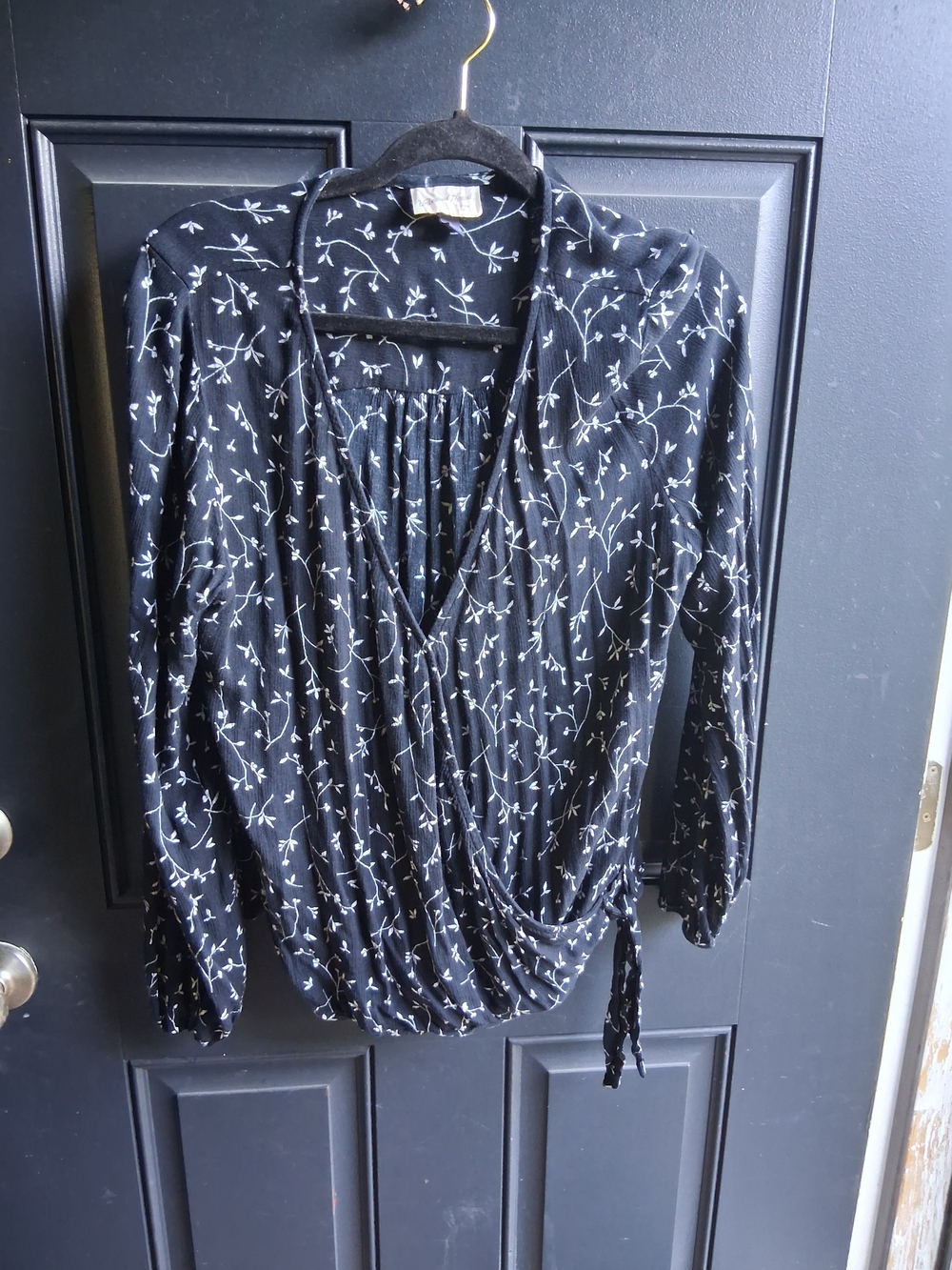 Universal Thread Black Floral Drape-Front Blouse